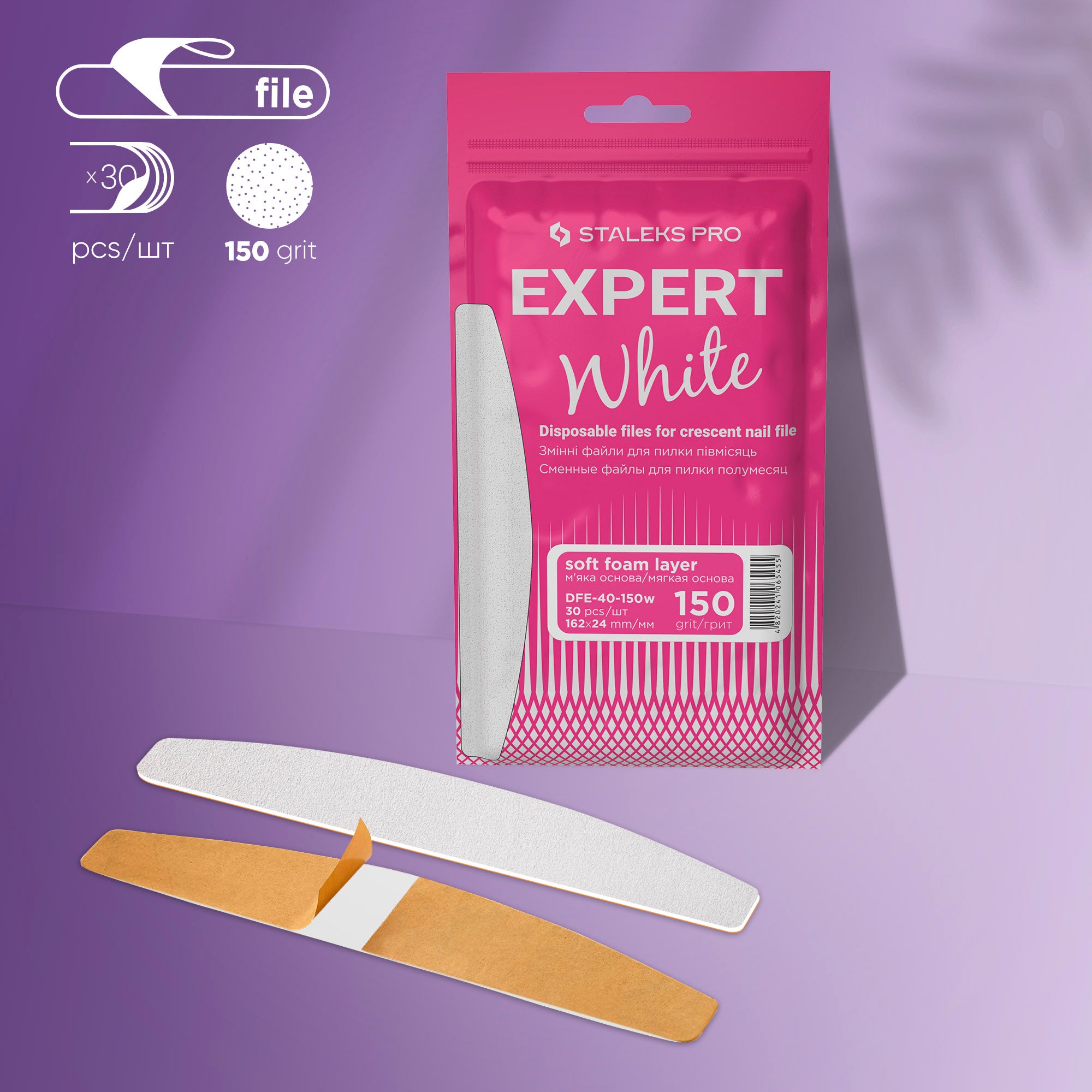 STALEKS EXPERT 40 Adhesive nail files for crescent base on a soft foam layer, 150 grit (30 pcs)